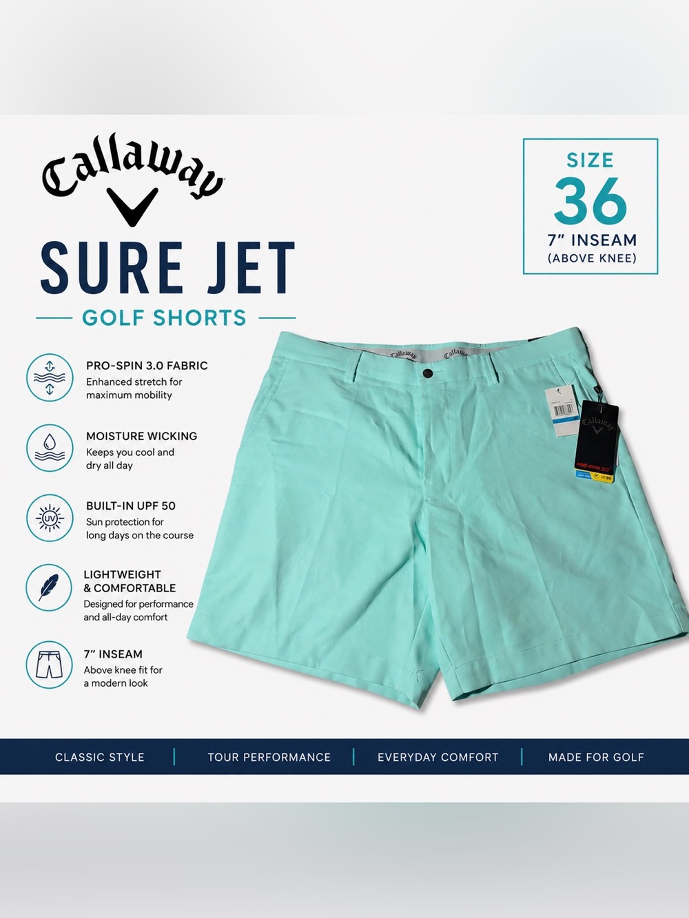 Callaway Sure Jet Golf Shorts Size 36 NWT | Aqua Blue Pro Spin 3.0 7” Inseam